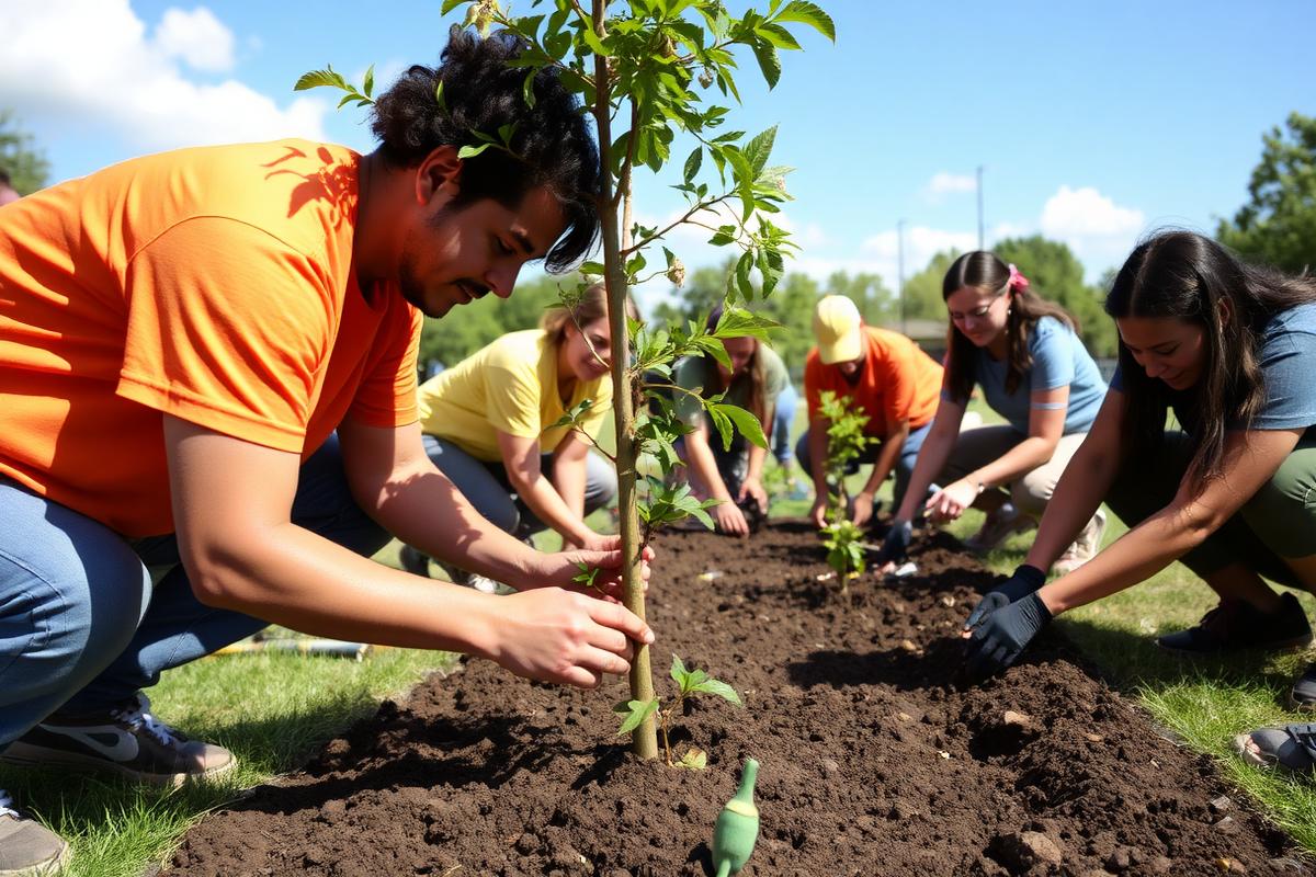Volunteers planting trees together
